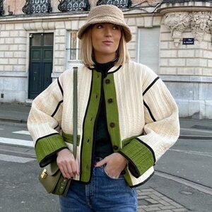 Cream & Lime Quilted Jacket with Contrast Trim